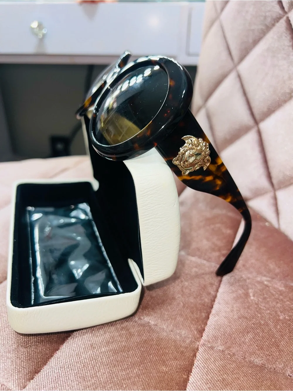 Versace Tortoiseshell Gold Medusa Accent Round Sunglasses